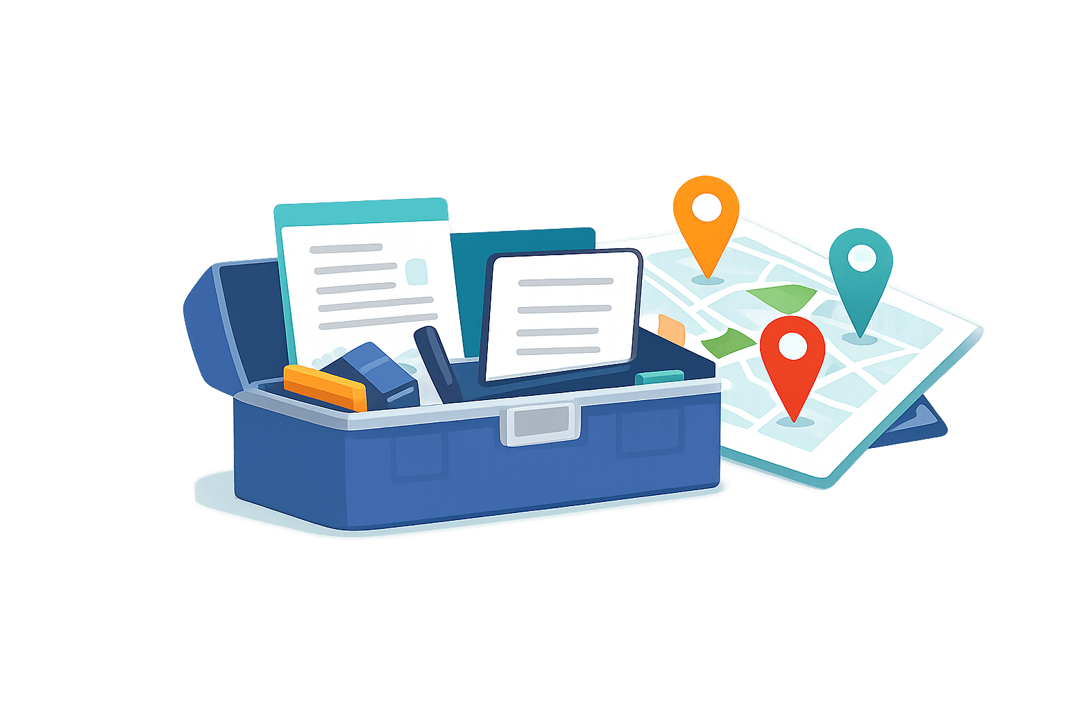 Caja de herramientas con mapa y documentos - IA